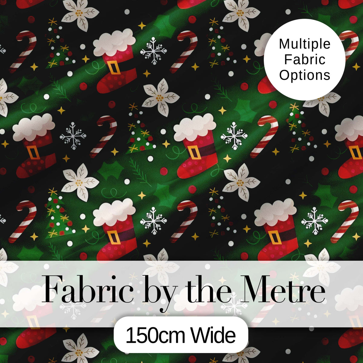 Christmas Stocking Candy Cane Tree Poinsettia Seamless Pattern Digital Print Fabric by the Metre UK Sewing Quilting Textile