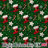 Christmas Stocking Candy Cane Tree Poinsettia Seamless Pattern Digital Print Fabric by the Metre UK Sewing Quilting Textile