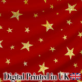 Gold Glitter Stars Red Background Seamless Pattern Digital Print Fabric by the Metre UK Sewing Quilting Textile