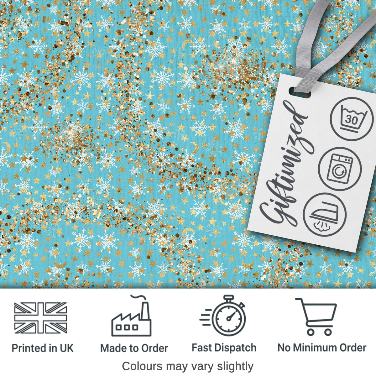 Light Blue Gold Snowflake Star Glitter Christmas Seamless Pattern Digital Print Fabric by the Metre UK Sewing Quilting Textile