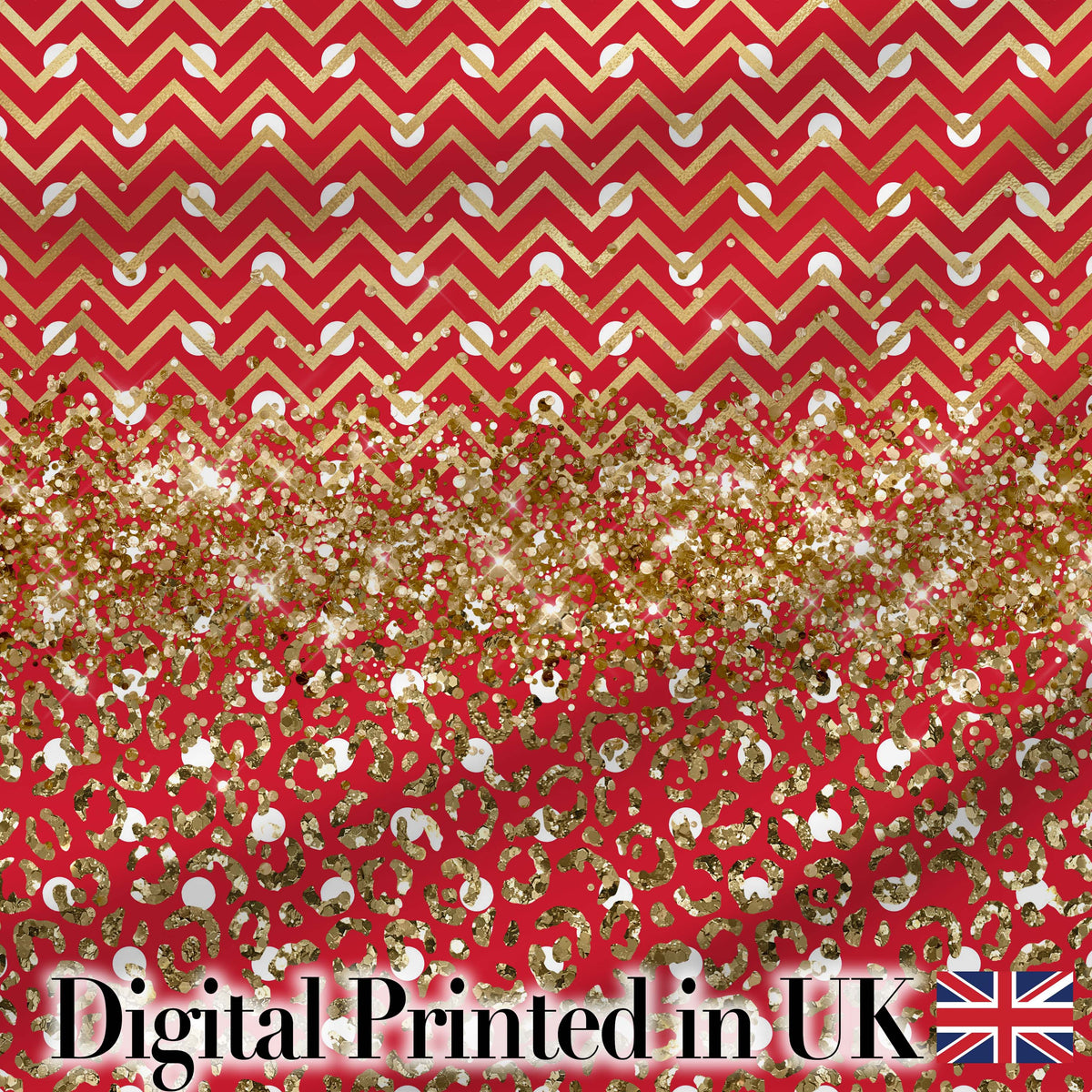 Red Gold Chevron Leopard Glitter Christmas Seamless Pattern Digital Print Fabric by the Metre UK Sewing Quilting Textile