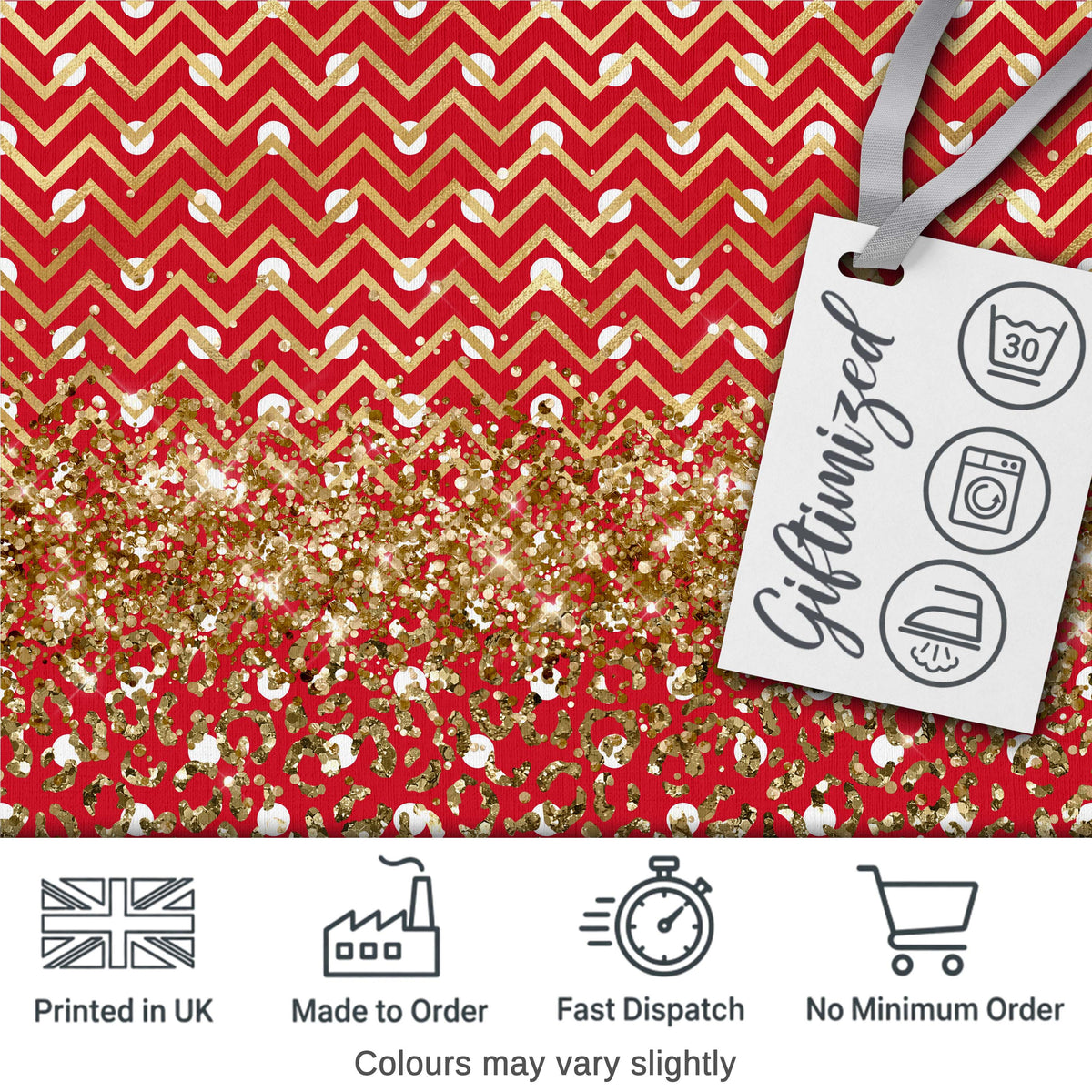Red Gold Chevron Leopard Glitter Christmas Seamless Pattern Digital Print Fabric by the Metre UK Sewing Quilting Textile