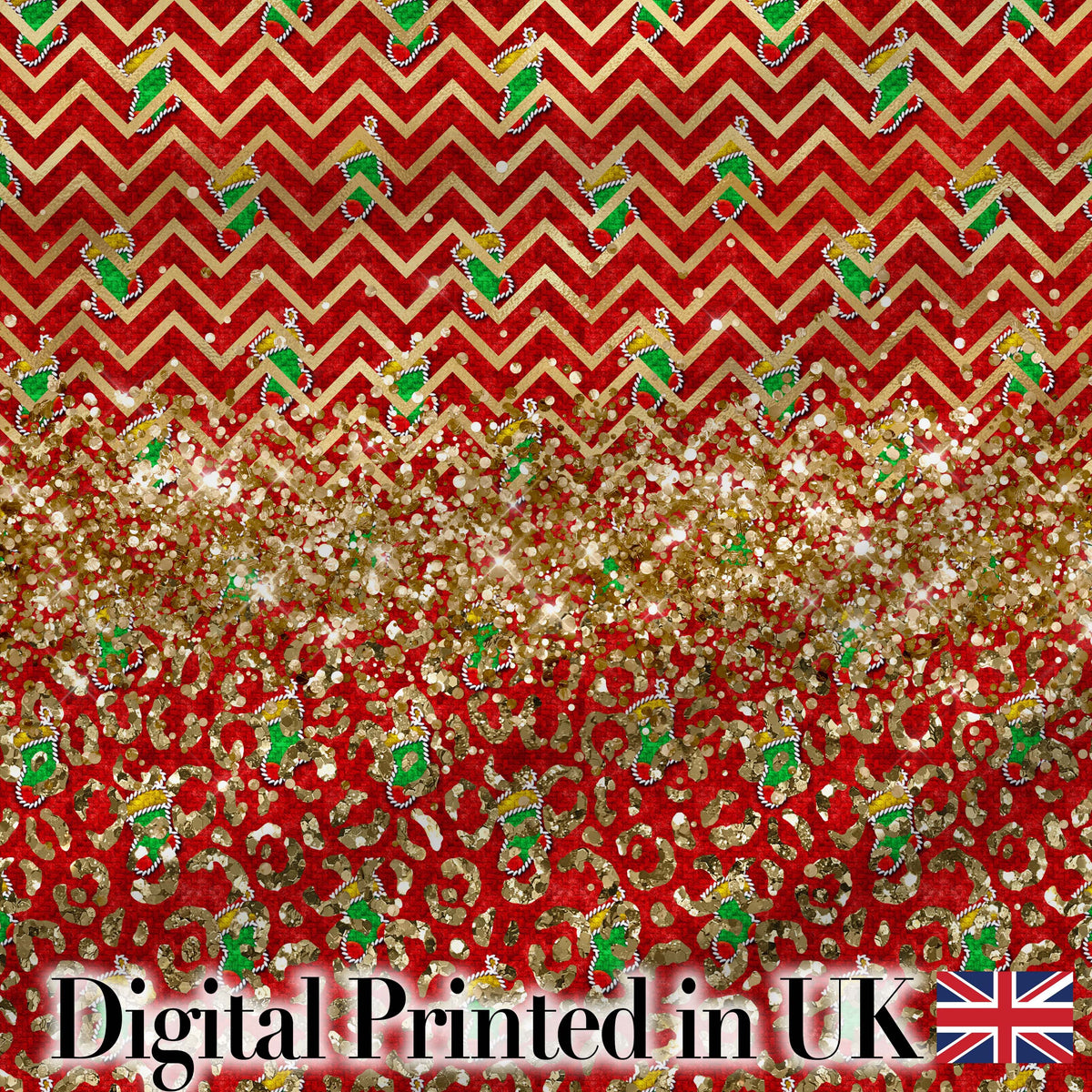 Festive Red Chevron Gingerbread Leopard Glitter Seamless Pattern Digital Print Fabric by the Metre UK Sewing Quilting Textile