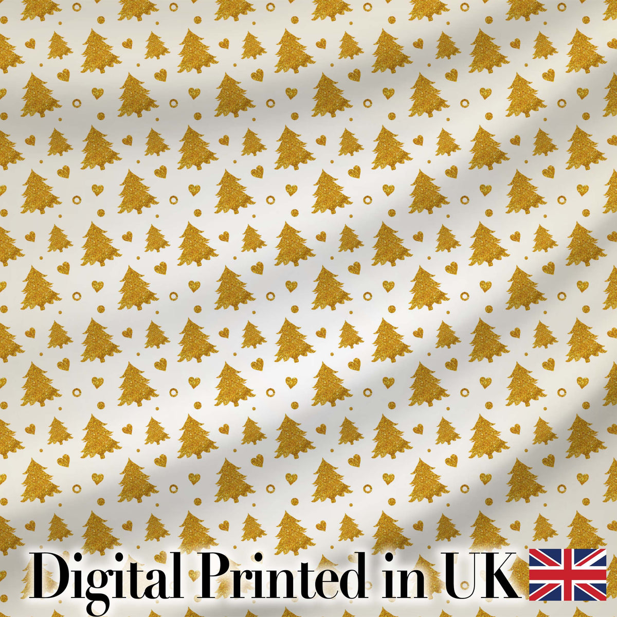 Gold Christmas Tree Heart Glitter Seamless Pattern Digital Print Fabric by the Metre UK Sewing Quilting Textile