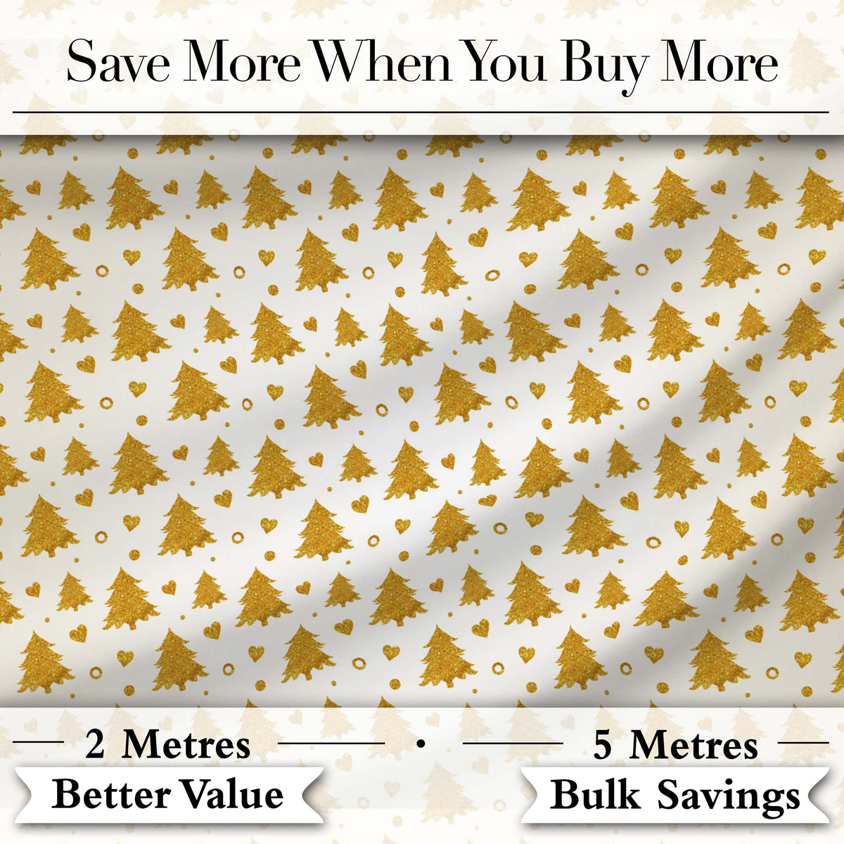 Gold Christmas Tree Heart Glitter Seamless Pattern Digital Print Fabric by the Metre UK Sewing Quilting Textile