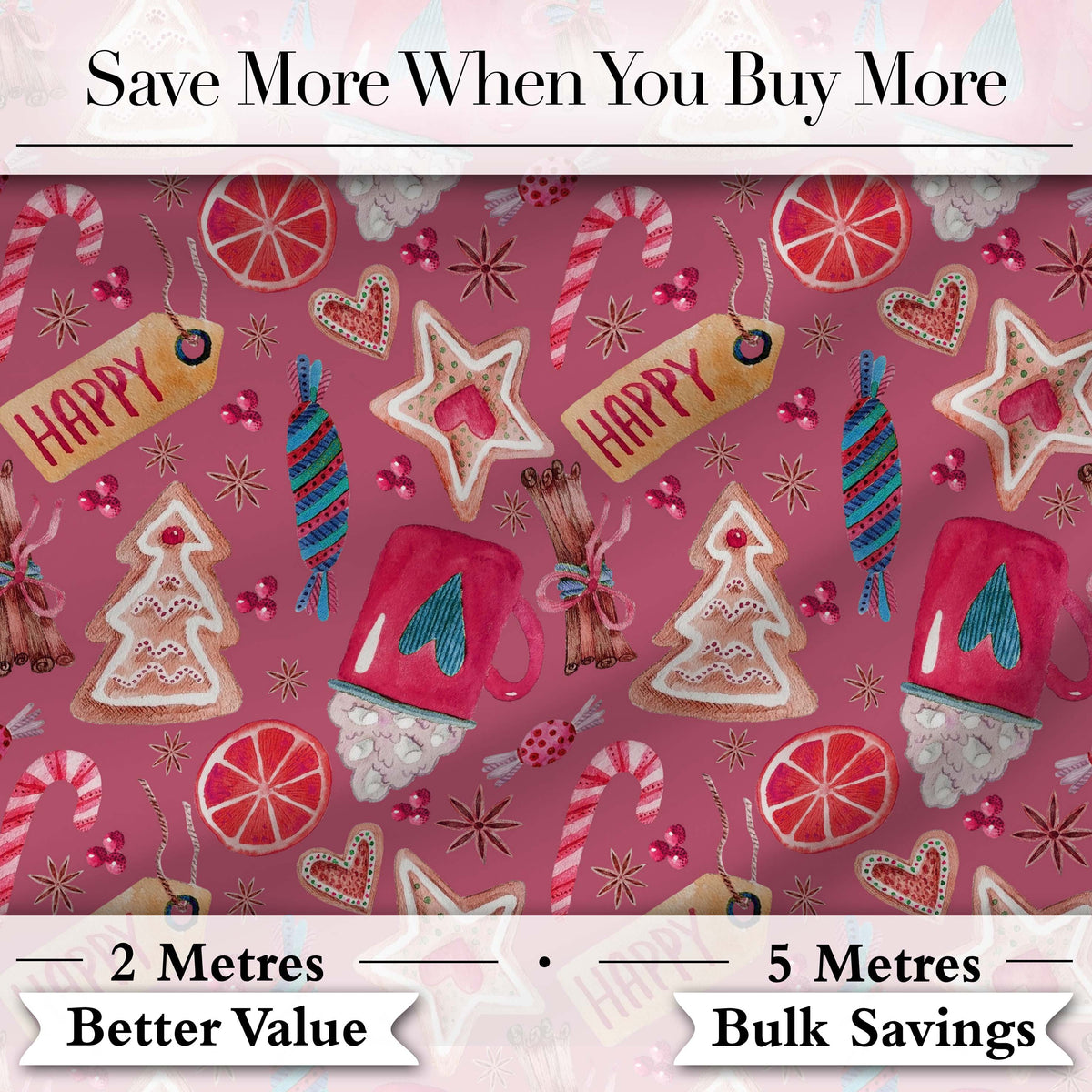 Watercolor Christmas Cookies Candy Mug Festive Seamless Pattern Digital Print Fabric by the Metre UK Sewing Quilting Textile