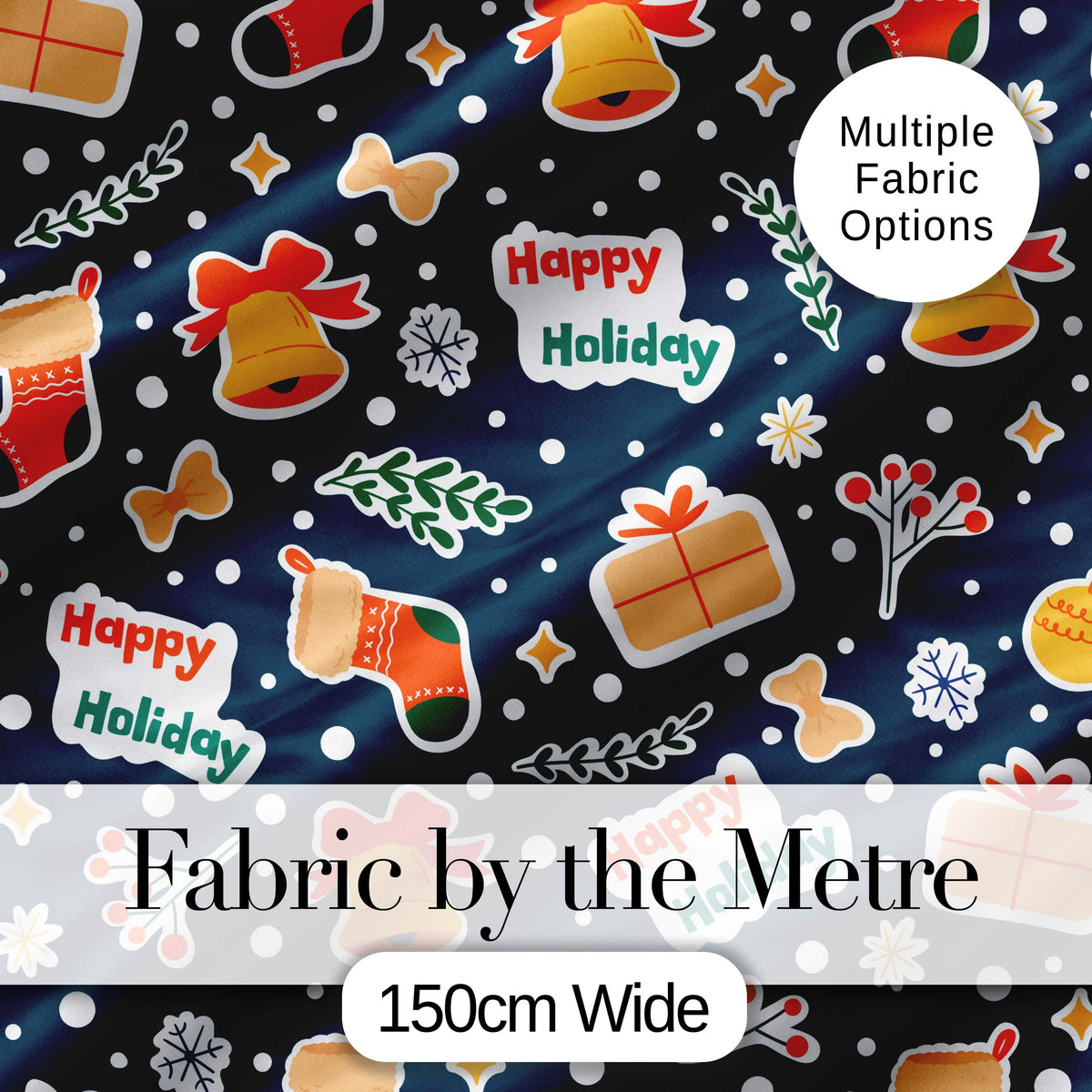 Happy Holiday Bells Gift Winter Festive Seamless Pattern Digital Print Fabric by the Metre UK Sewing Quilting Textile