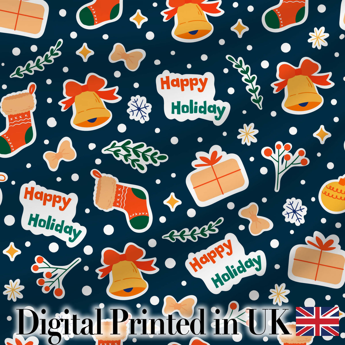 Happy Holiday Bells Gift Winter Festive Seamless Pattern Digital Print Fabric by the Metre UK Sewing Quilting Textile