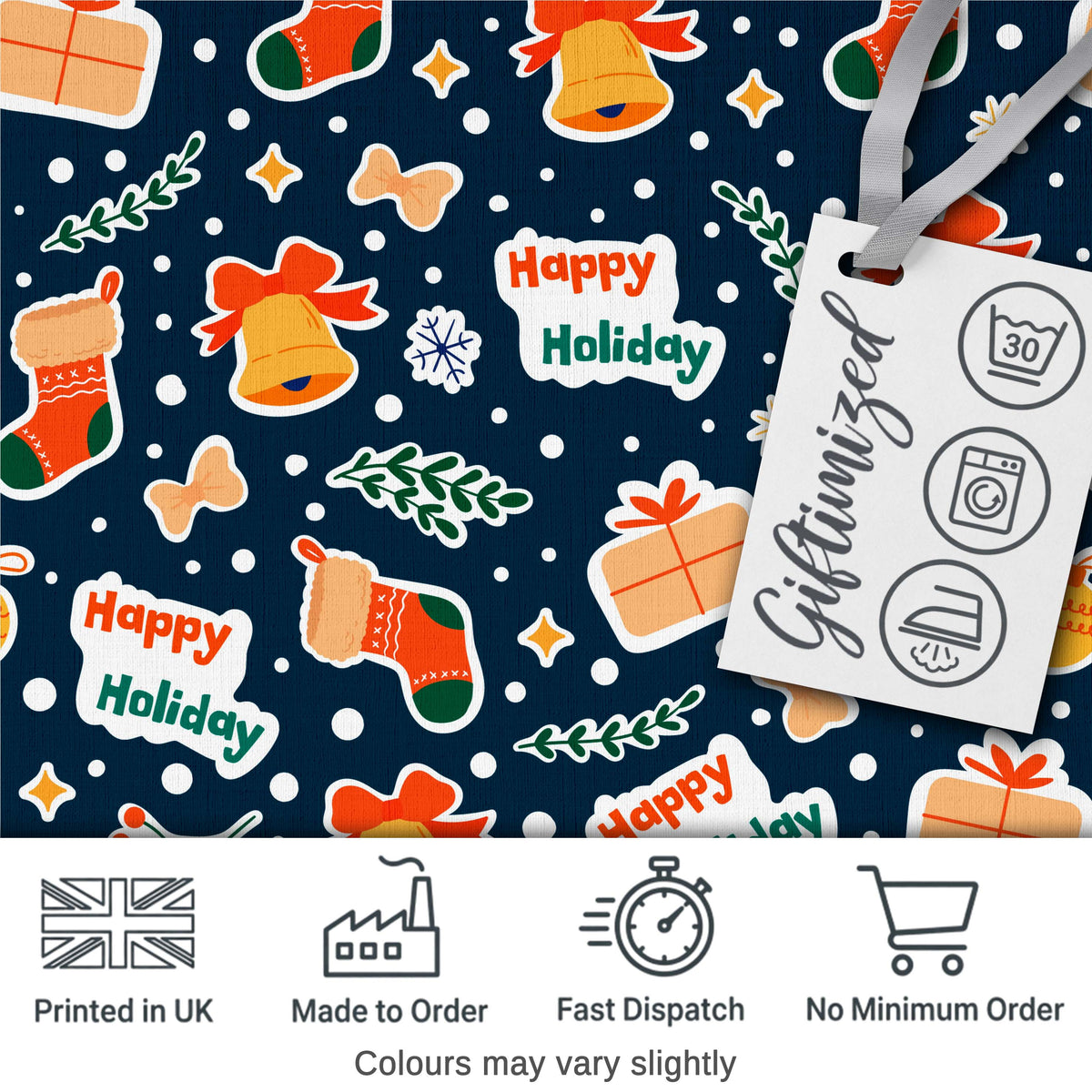 Happy Holiday Bells Gift Winter Festive Seamless Pattern Digital Print Fabric by the Metre UK Sewing Quilting Textile