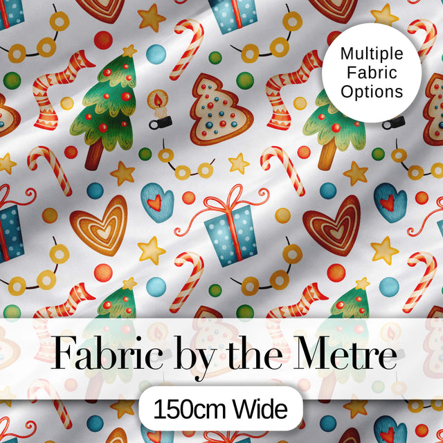 Watercolor Christmas Tree Cookie Candy Festive Seamless Pattern Digital Print Fabric by the Metre UK Sewing Quilting Textile