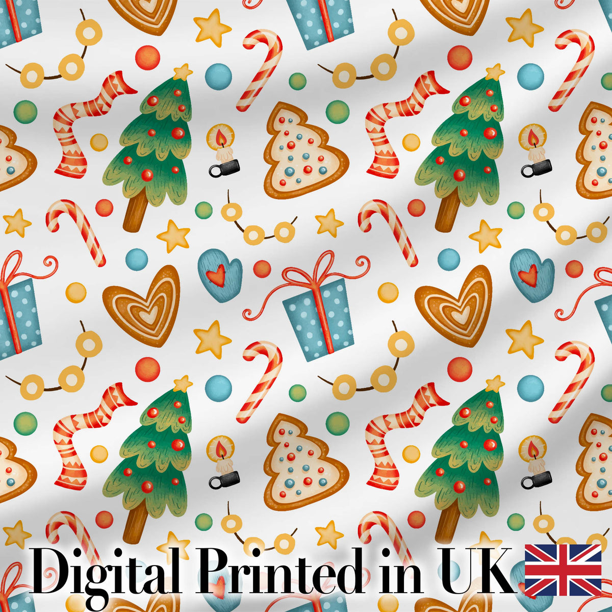 Watercolor Christmas Tree Cookie Candy Festive Seamless Pattern Digital Print Fabric by the Metre UK Sewing Quilting Textile