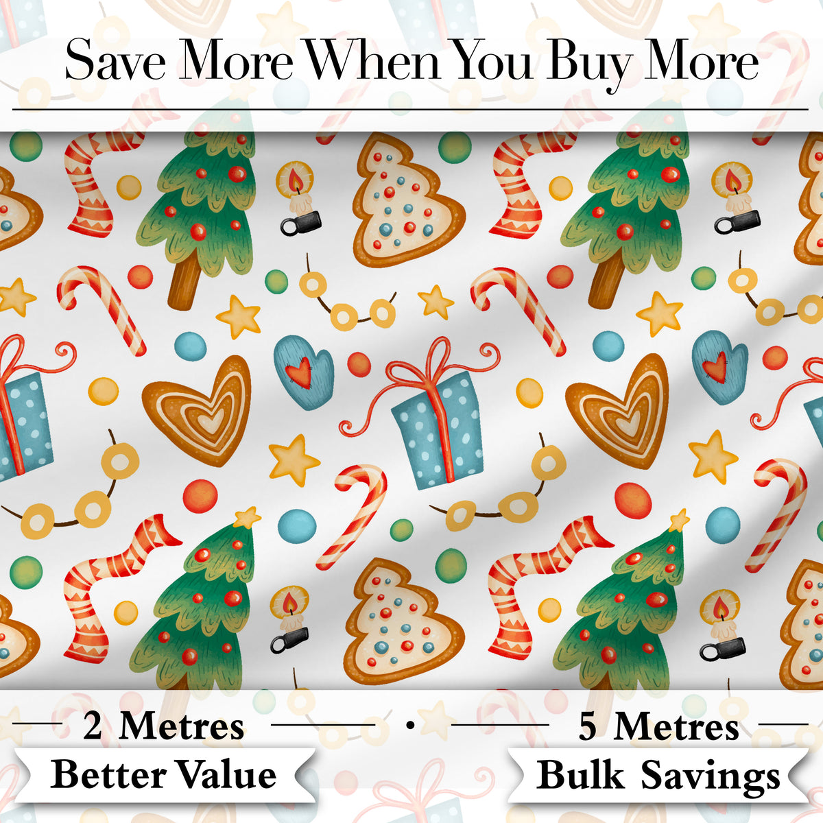 Watercolor Christmas Tree Cookie Candy Festive Seamless Pattern Digital Print Fabric by the Metre UK Sewing Quilting Textile
