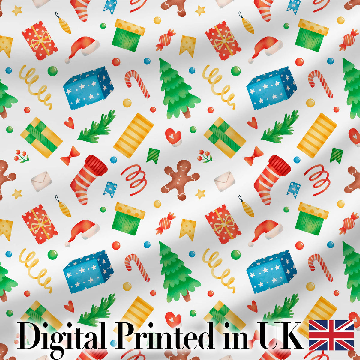 Watercolor Christmas Tree Gingerbread Gift Seamless Pattern Digital Print Fabric by the Metre UK Sewing Quilting Textile