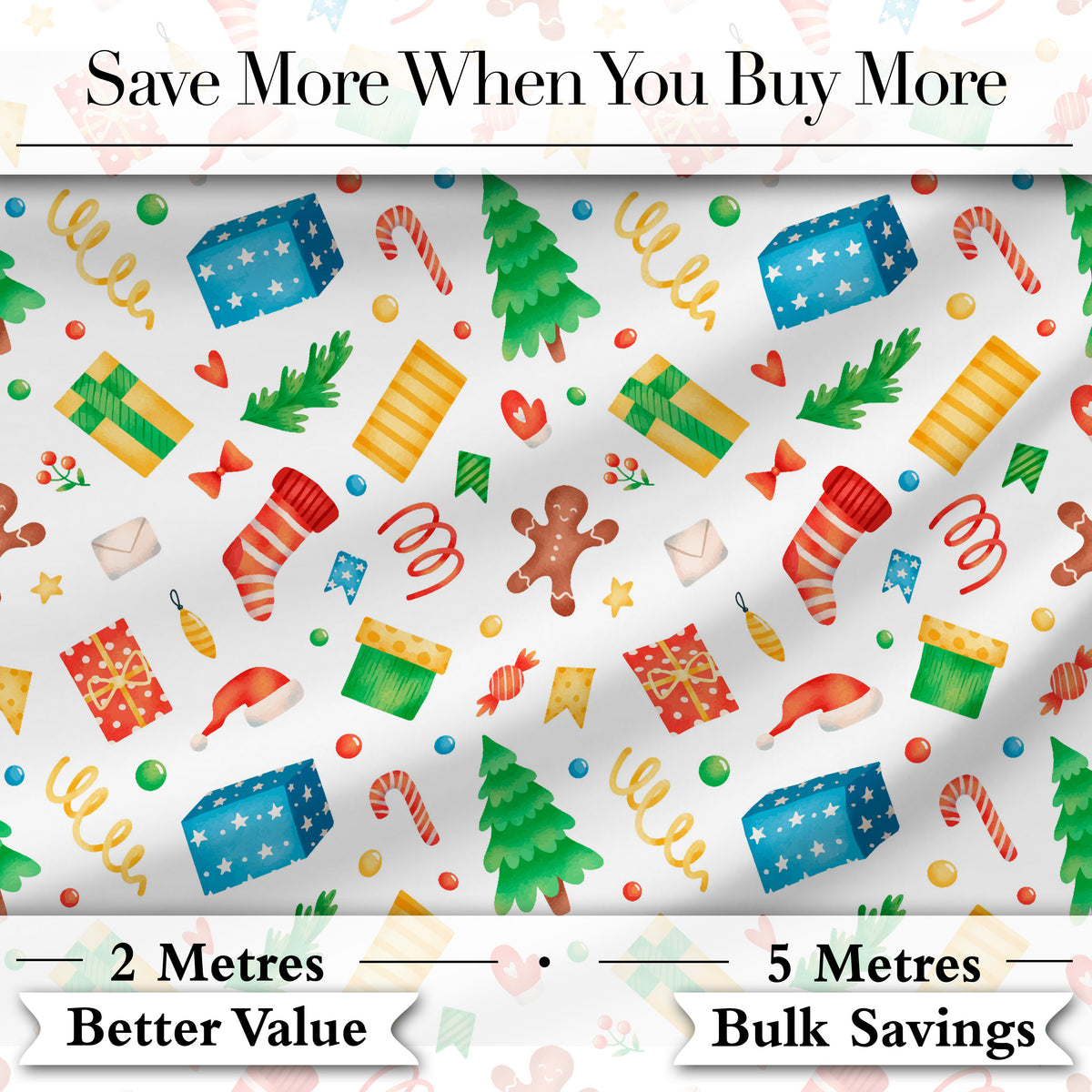 Watercolor Christmas Tree Gingerbread Gift Seamless Pattern Digital Print Fabric by the Metre UK Sewing Quilting Textile