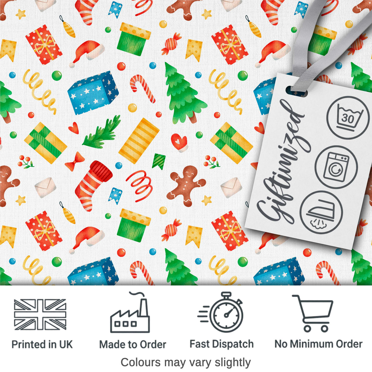 Watercolor Christmas Tree Gingerbread Gift Seamless Pattern Digital Print Fabric by the Metre UK Sewing Quilting Textile