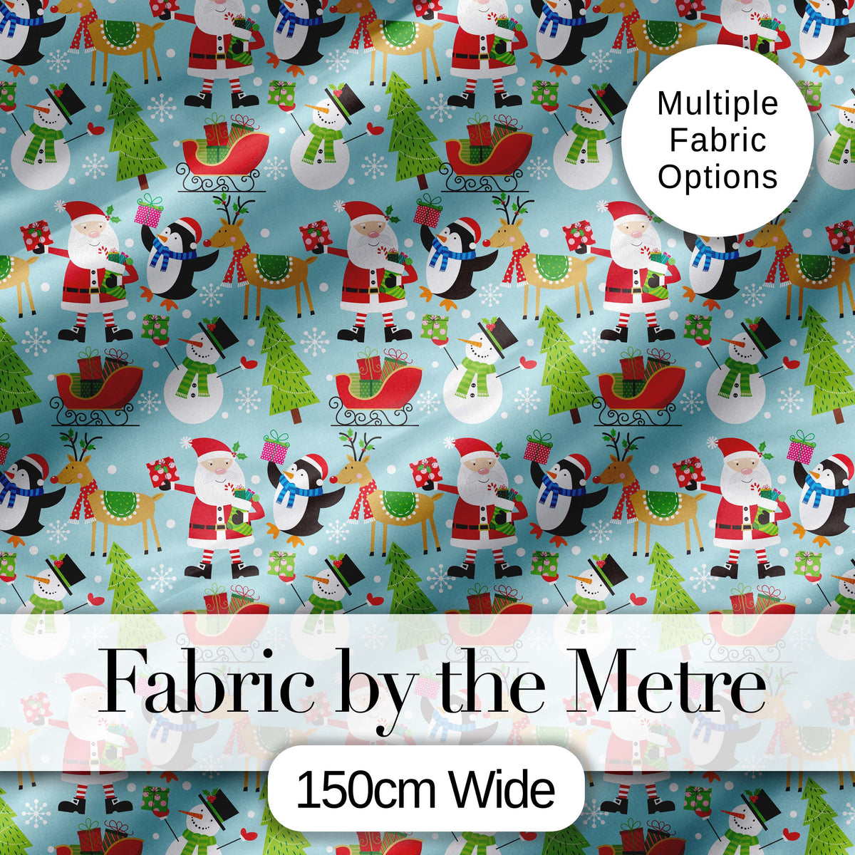 Cute Santa Penguin Reindeer Sleigh Seamless Pattern Digital Print Fabric by the Metre UK Sewing Quilting Textile
