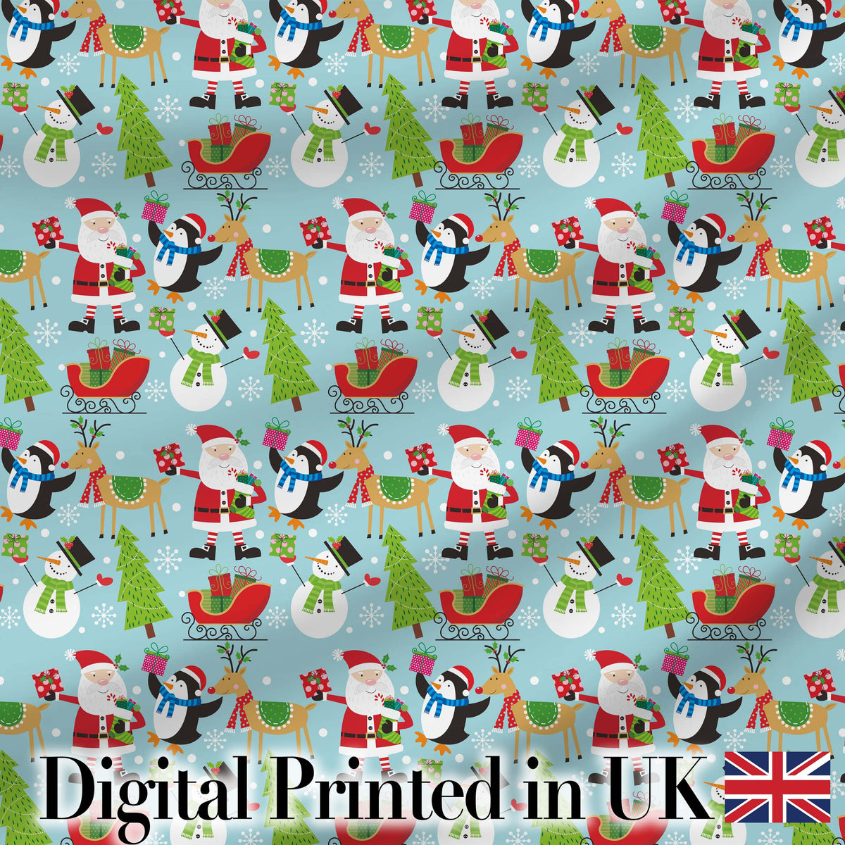 Cute Santa Penguin Reindeer Sleigh Seamless Pattern Digital Print Fabric by the Metre UK Sewing Quilting Textile