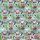 Cute Santa Penguin Reindeer Sleigh Seamless Pattern Digital Print Fabric by the Metre UK Sewing Quilting Textile