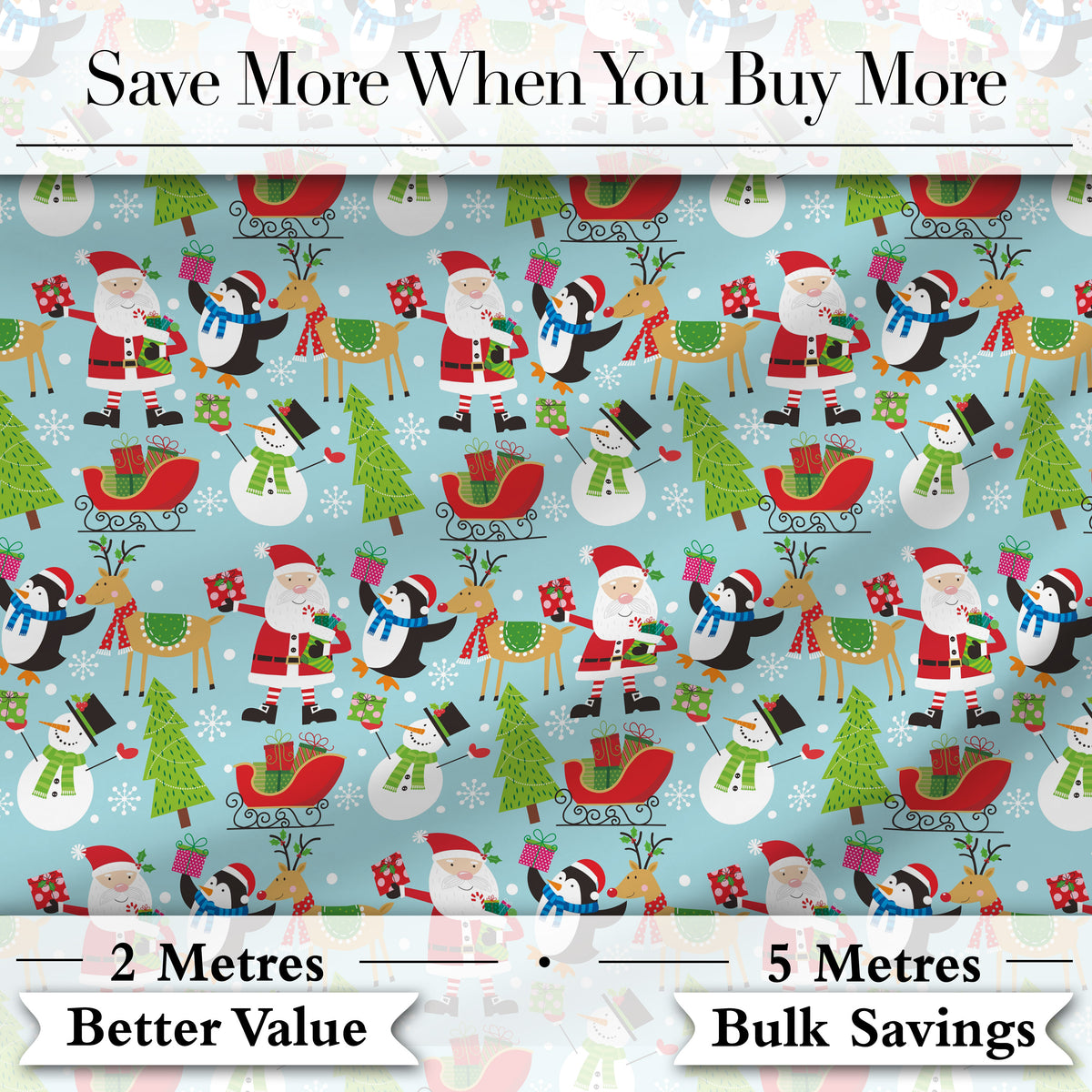 Cute Santa Penguin Reindeer Sleigh Seamless Pattern Digital Print Fabric by the Metre UK Sewing Quilting Textile