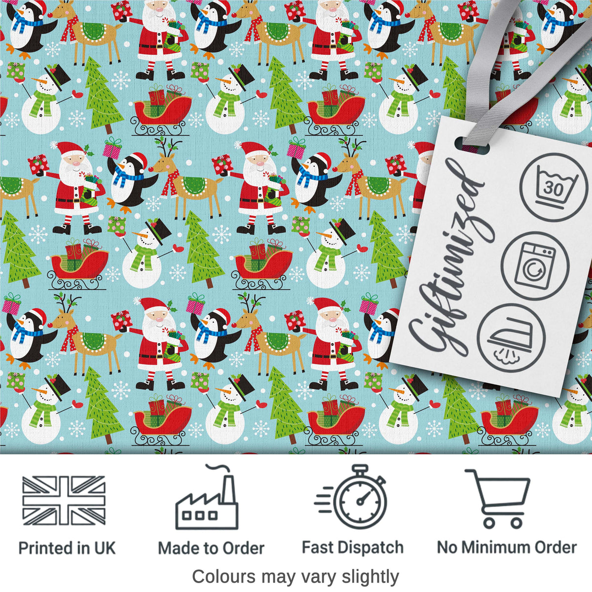 Cute Santa Penguin Reindeer Sleigh Seamless Pattern Digital Print Fabric by the Metre UK Sewing Quilting Textile