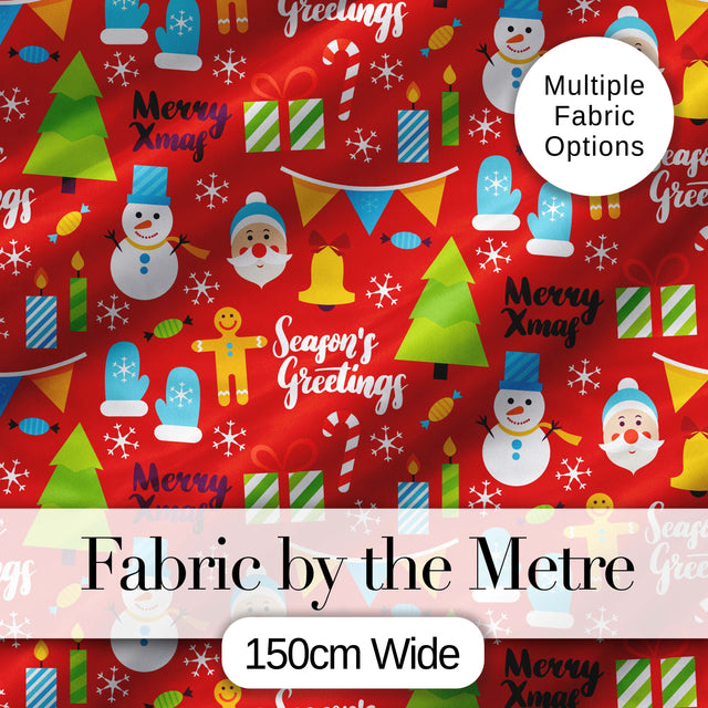 Merry Christmas Santa Snowman Candy Greeting Seamless Pattern Digital Print Fabric by the Metre UK Sewing Quilting Textile