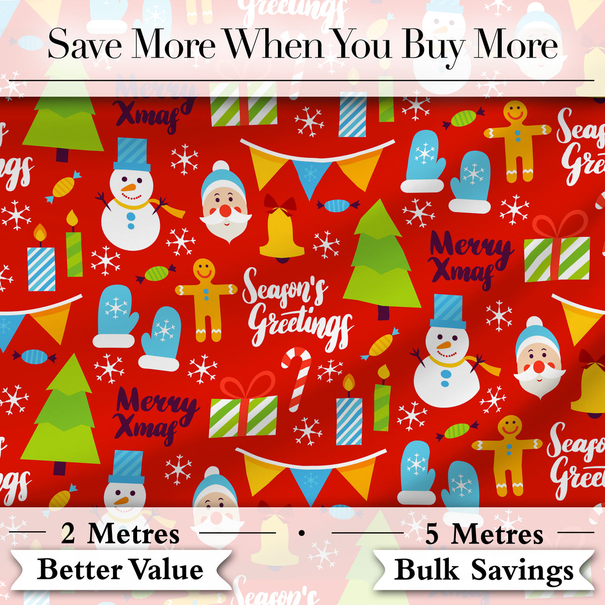 Merry Christmas Santa Snowman Candy Greeting Seamless Pattern Digital Print Fabric by the Metre UK Sewing Quilting Textile