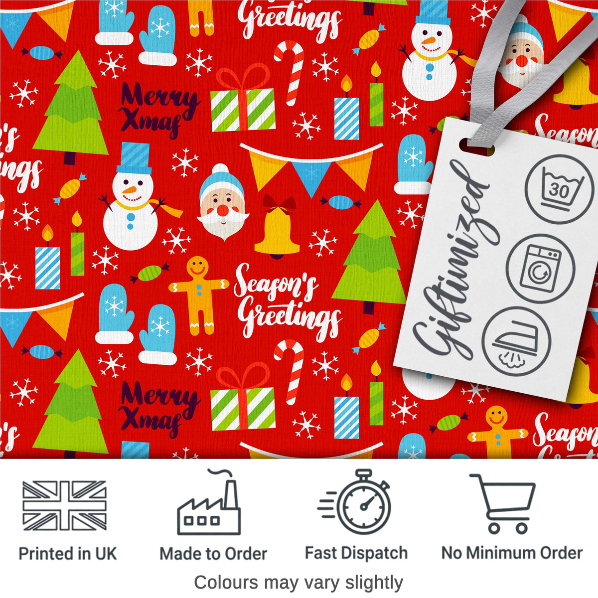 Merry Christmas Santa Snowman Candy Greeting Seamless Pattern Digital Print Fabric by the Metre UK Sewing Quilting Textile