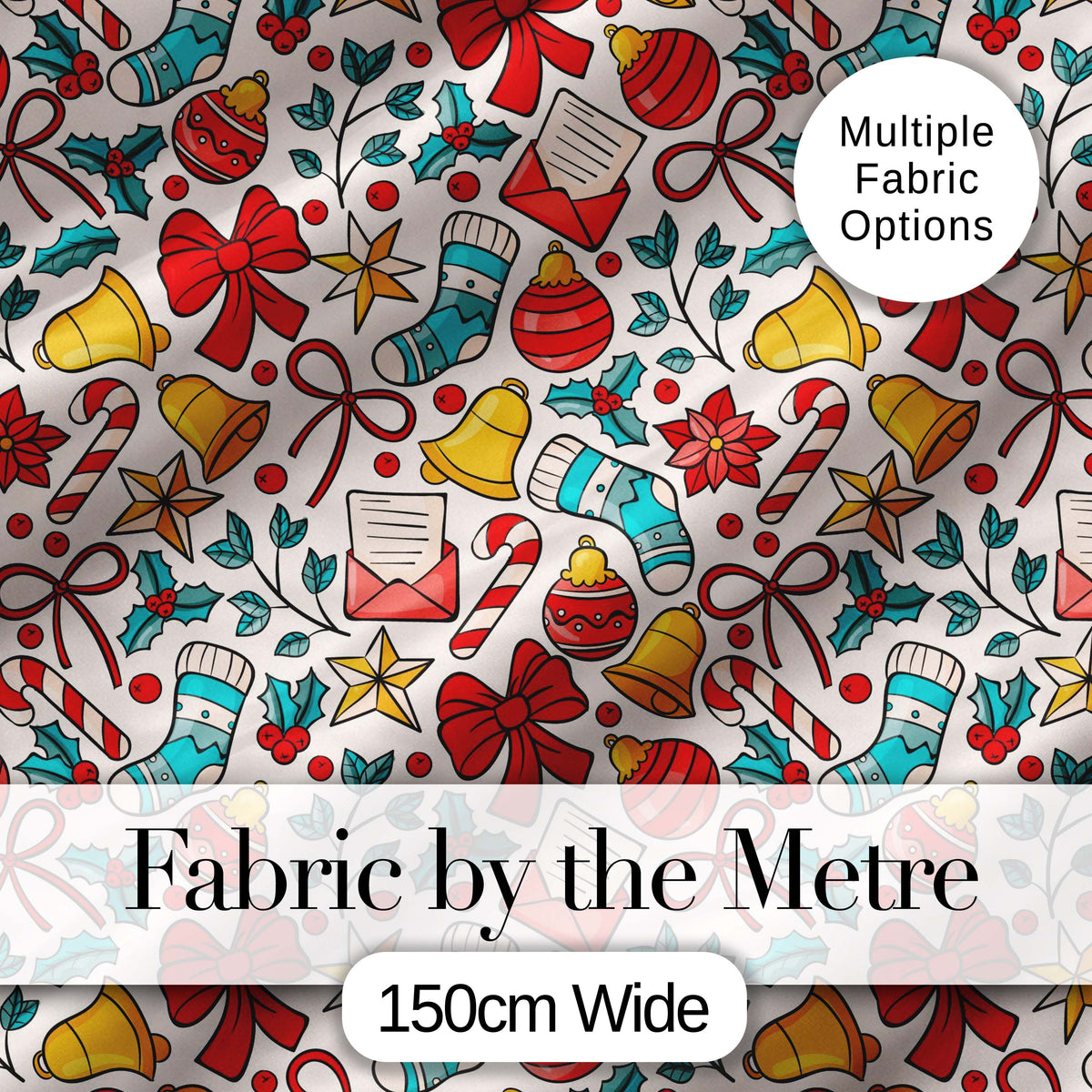 Christmas Bow Bell Ornament Holly Seamless Pattern Digital Print Fabric by the Metre UK Sewing Quilting Textile