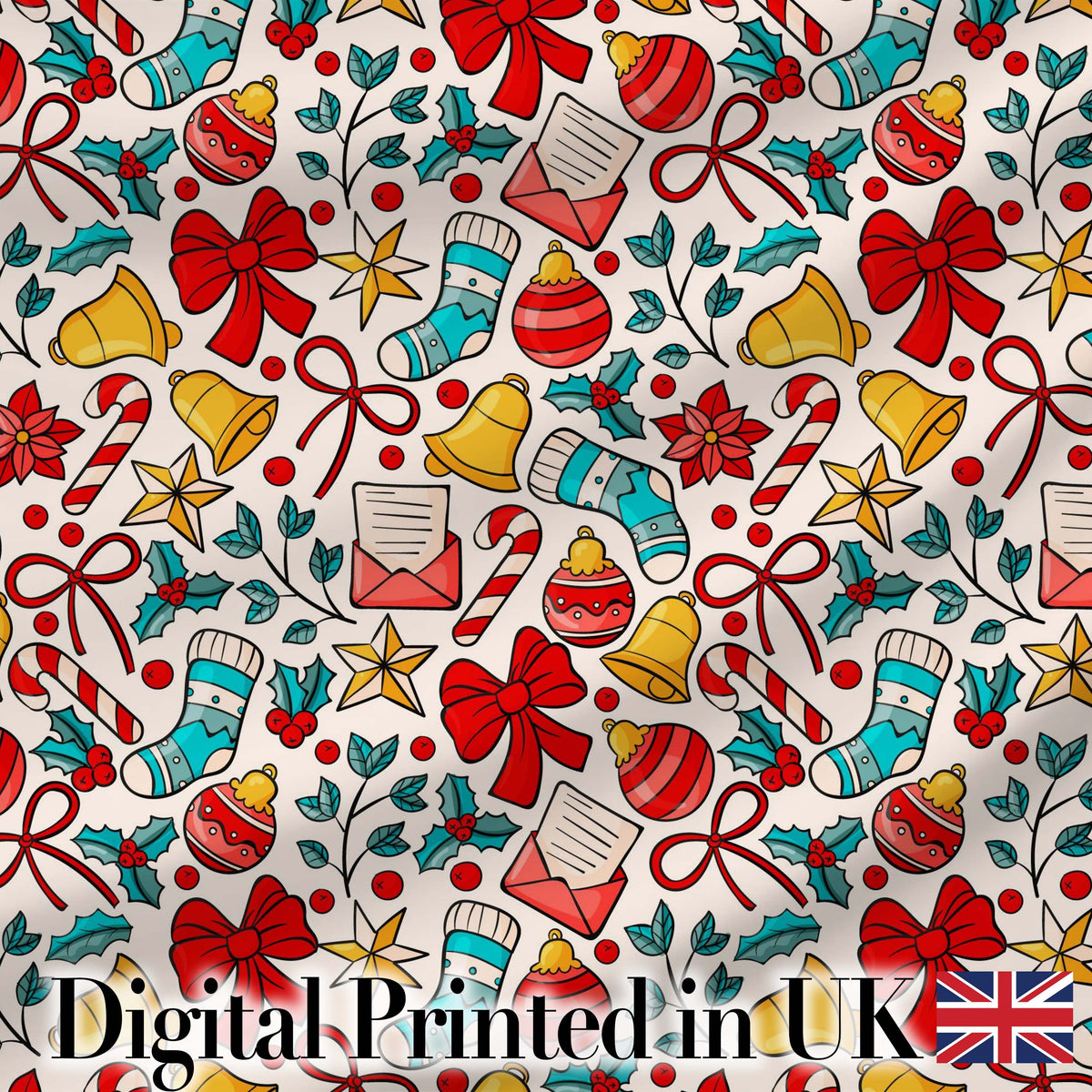 Christmas Bow Bell Ornament Holly Seamless Pattern Digital Print Fabric by the Metre UK Sewing Quilting Textile