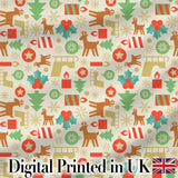 Cute Reindeer Christmas Tree Ornament Seamless Pattern Digital Print Fabric by the Metre UK Sewing Quilting Textile