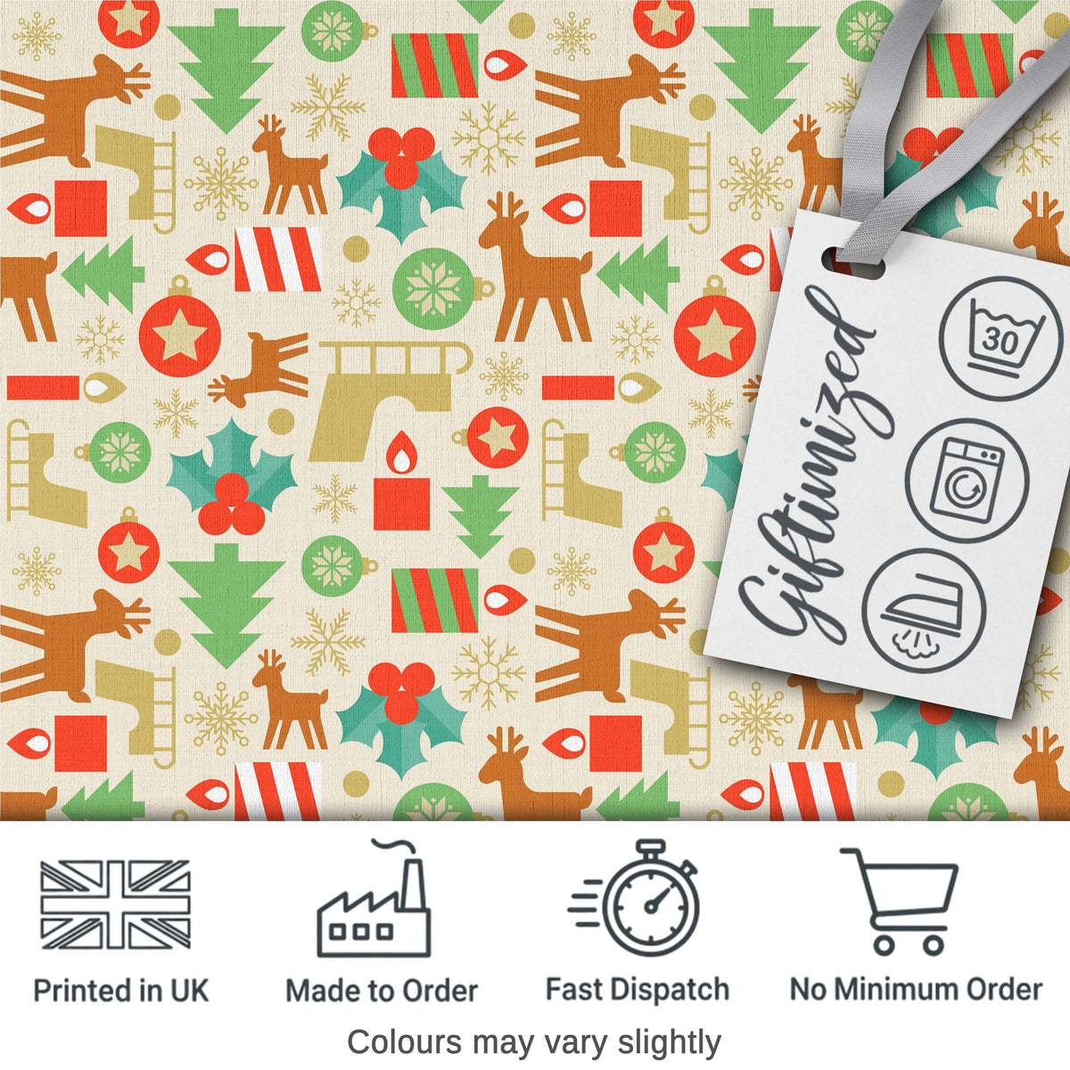 Cute Reindeer Christmas Tree Ornament Seamless Pattern Digital Print Fabric by the Metre UK Sewing Quilting Textile