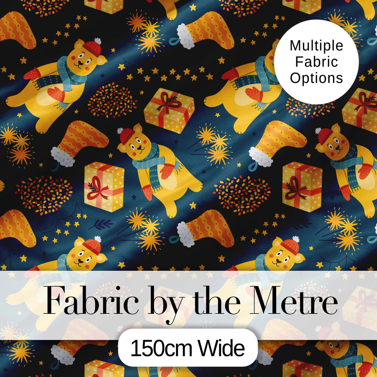 Cute Christmas Bear Scarf Gift Box Lights Seamless Pattern Digital Print Fabric by the Metre UK Sewing Quilting Textile