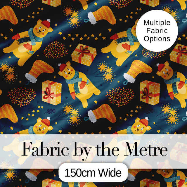Cute Christmas Bear Scarf Gift Box Lights Seamless Pattern Digital Print Fabric by the Metre UK Sewing Quilting Textile