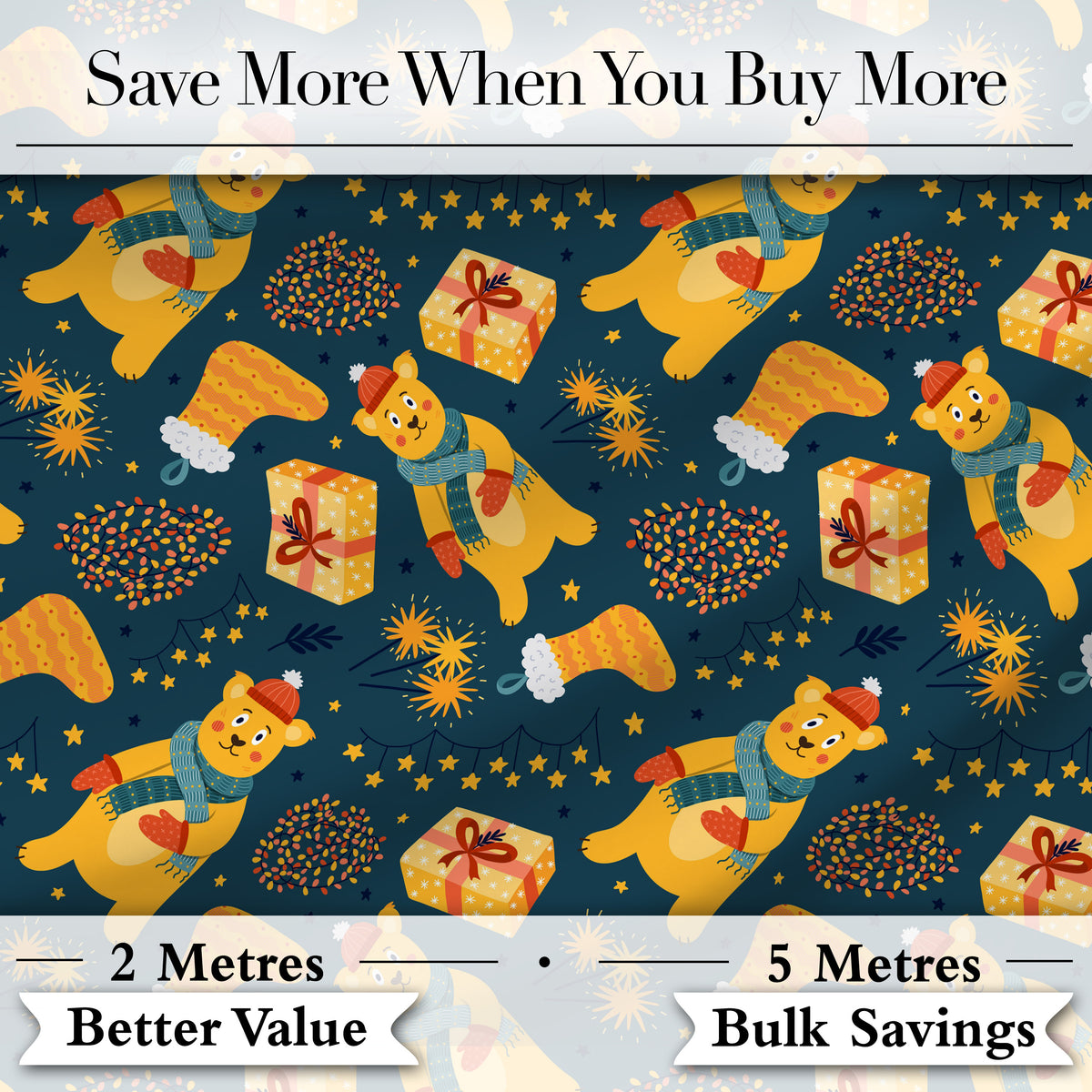 Cute Christmas Bear Scarf Gift Box Lights Seamless Pattern Digital Print Fabric by the Metre UK Sewing Quilting Textile