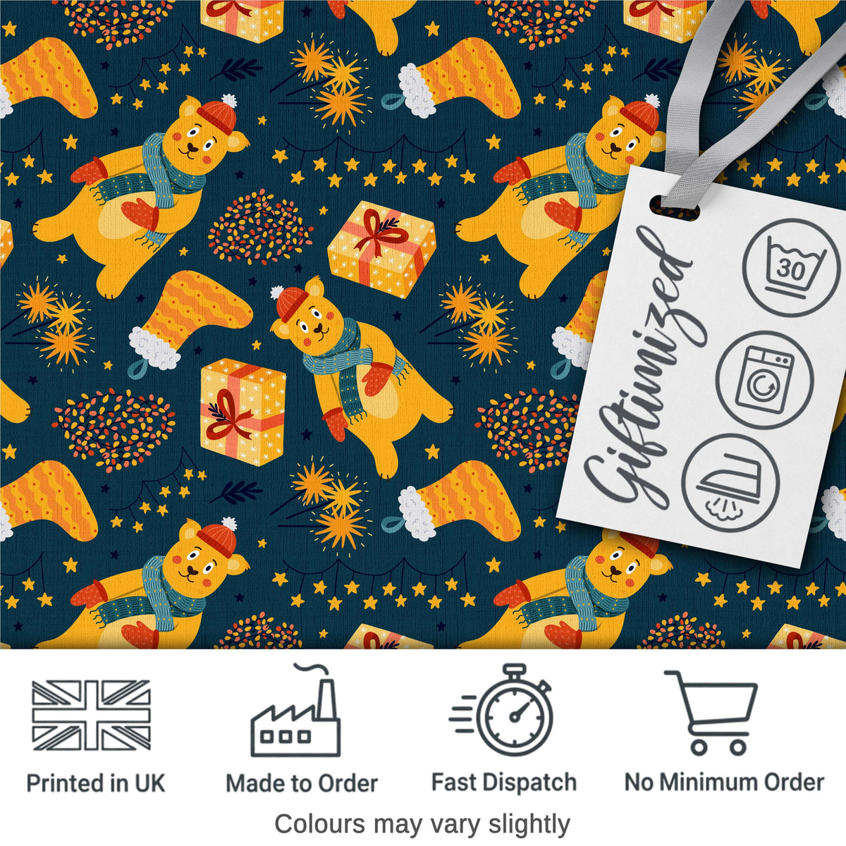 Cute Christmas Bear Scarf Gift Box Lights Seamless Pattern Digital Print Fabric by the Metre UK Sewing Quilting Textile