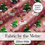Cute Reindeer Christmas Tree Candy Cane Seamless Pattern Digital Print Fabric by the Metre UK Sewing Quilting Textile