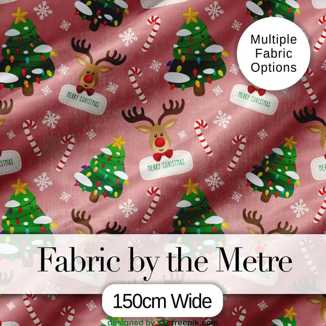 Cute Reindeer Christmas Tree Candy Cane Seamless Pattern Digital Print Fabric by the Metre UK Sewing Quilting Textile