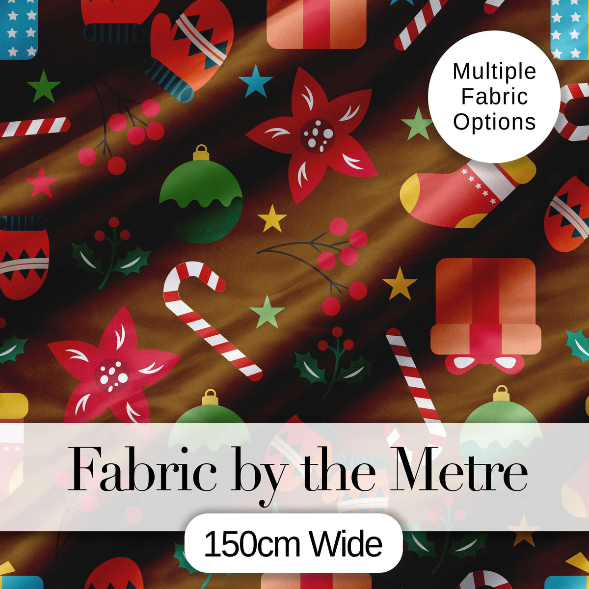 Christmas Ornament Holly Candy Cane Mitten Seamless Pattern Digital Print Fabric by the Metre UK Sewing Quilting Textile