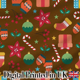 Christmas Ornament Holly Candy Cane Mitten Seamless Pattern Digital Print Fabric by the Metre UK Sewing Quilting Textile