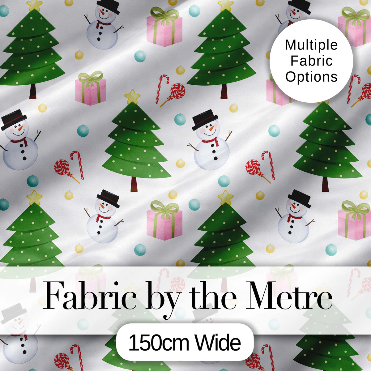 Cute Christmas Tree Snowman Candy Cane Gift Seamless Pattern Digital Print Fabric by the Metre UK Sewing Quilting Textile