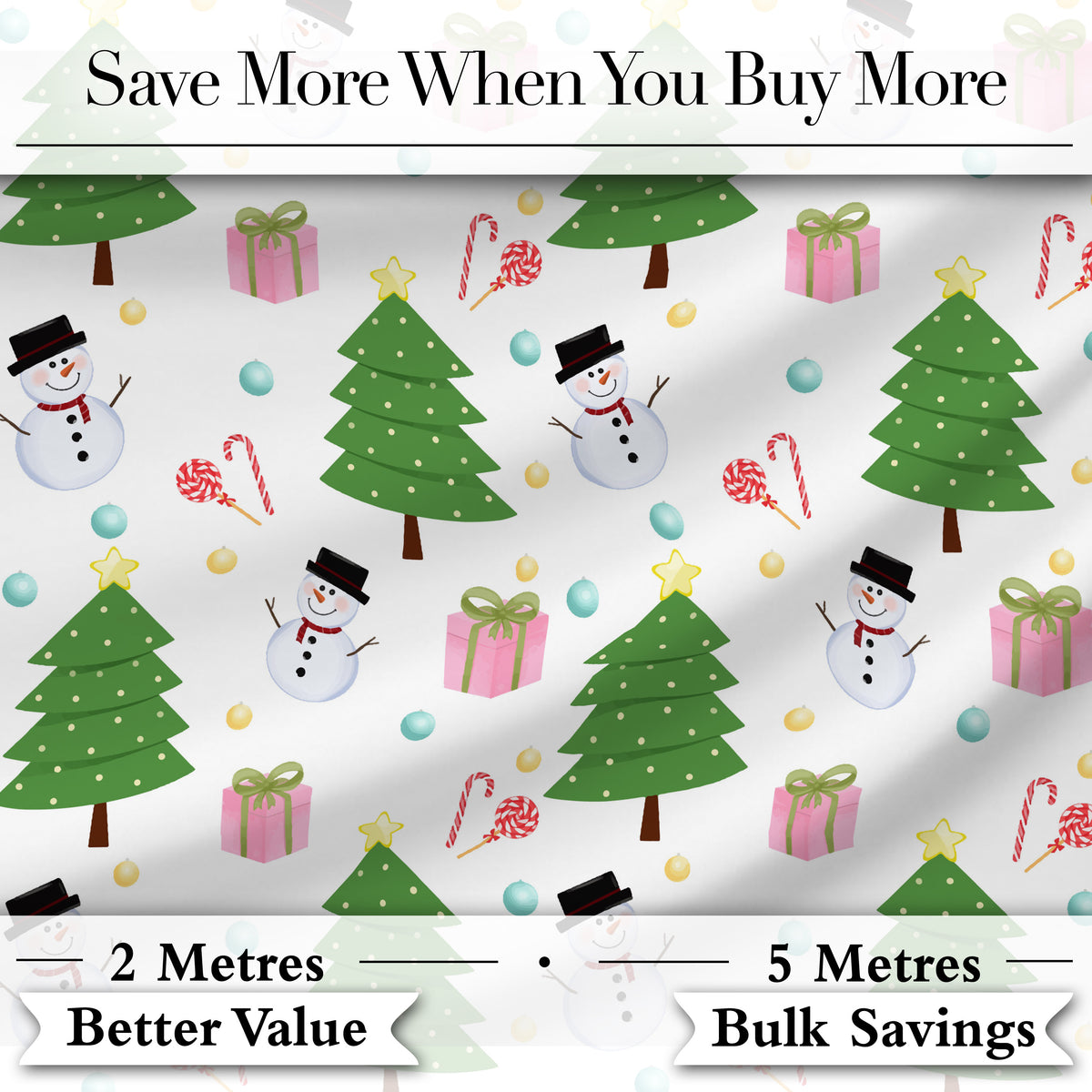 Cute Christmas Tree Snowman Candy Cane Gift Seamless Pattern Digital Print Fabric by the Metre UK Sewing Quilting Textile
