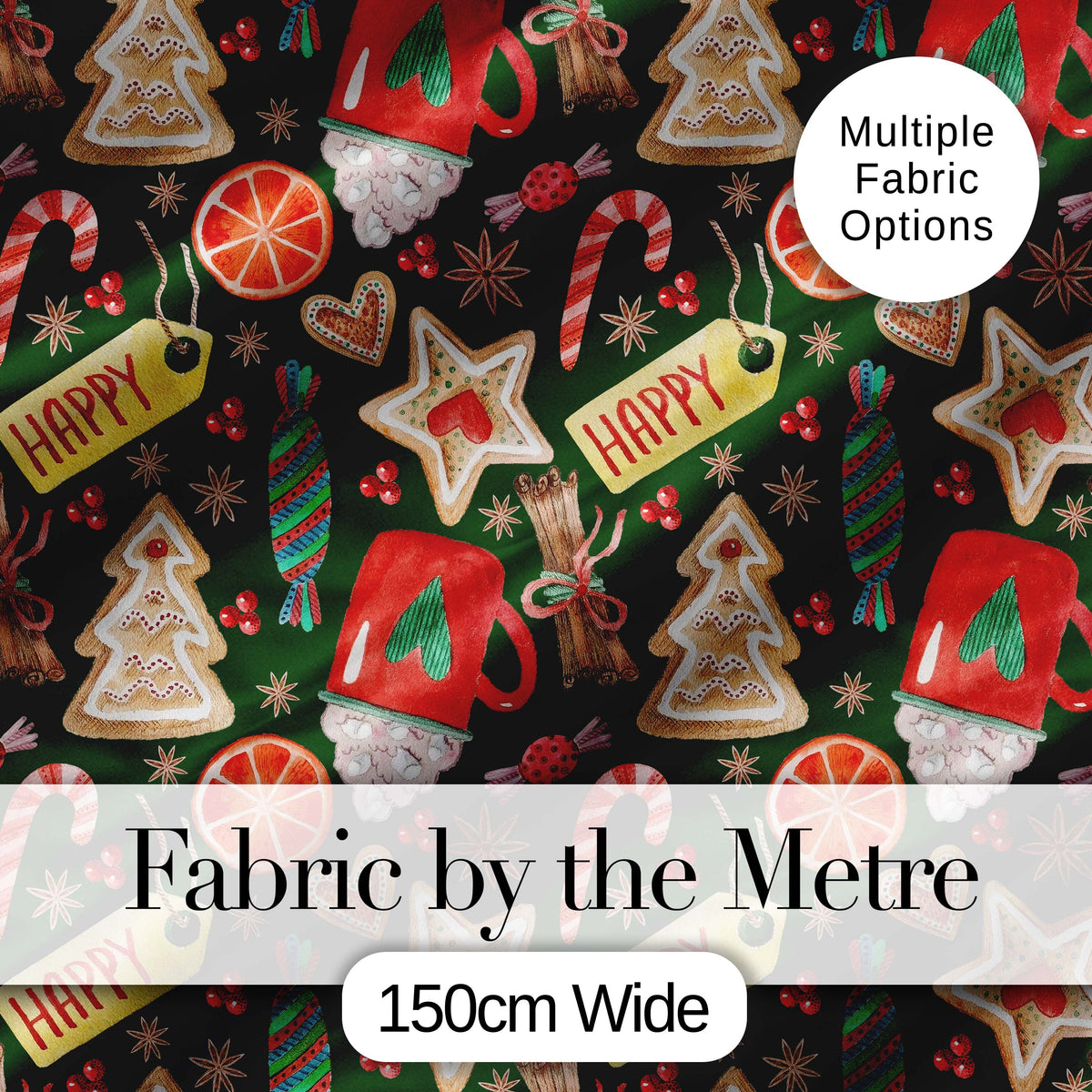 Watercolor Christmas Mug Cookie Candy Cane Orange Seamless Pattern Digital Print Fabric by the Metre UK Sewing Quilting Textile