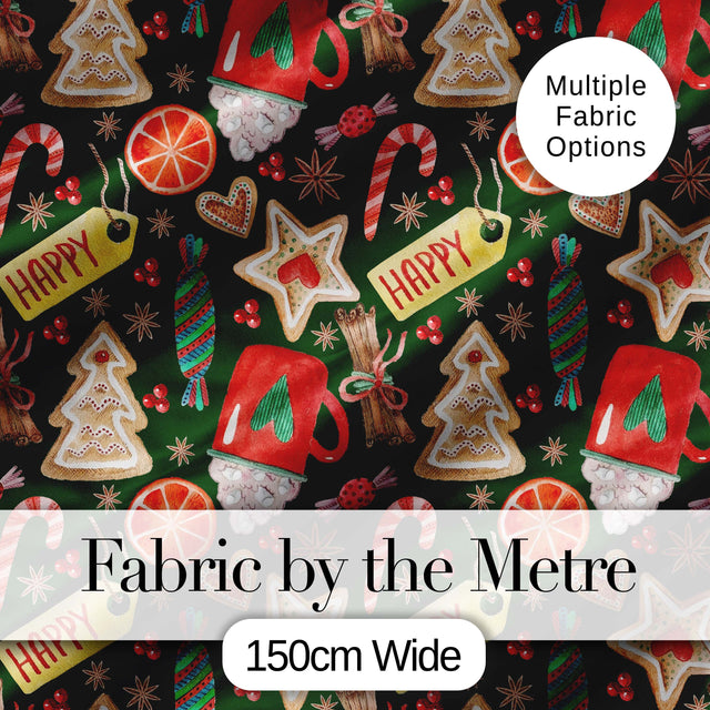 Watercolor Christmas Mug Cookie Candy Cane Orange Seamless Pattern Digital Print Fabric by the Metre UK Sewing Quilting Textile