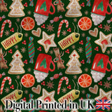 Watercolor Christmas Mug Cookie Candy Cane Orange Seamless Pattern Digital Print Fabric by the Metre UK Sewing Quilting Textile