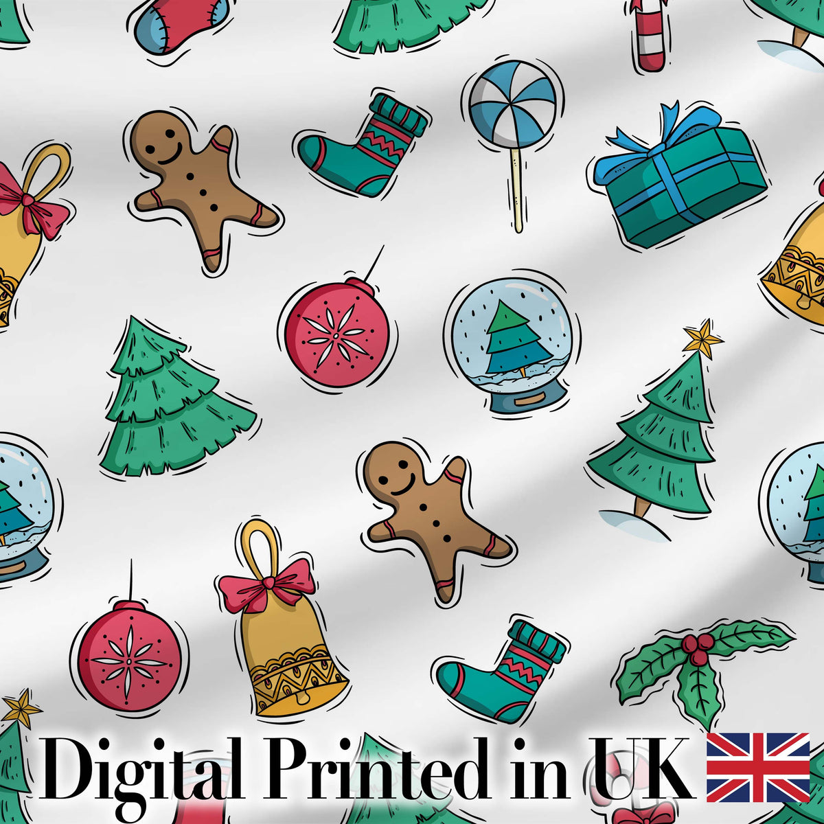 Cute Gingerbread Cookie Ornament Tree Bell Seamless Pattern Digital Print Fabric by the Metre UK Sewing Quilting Textile