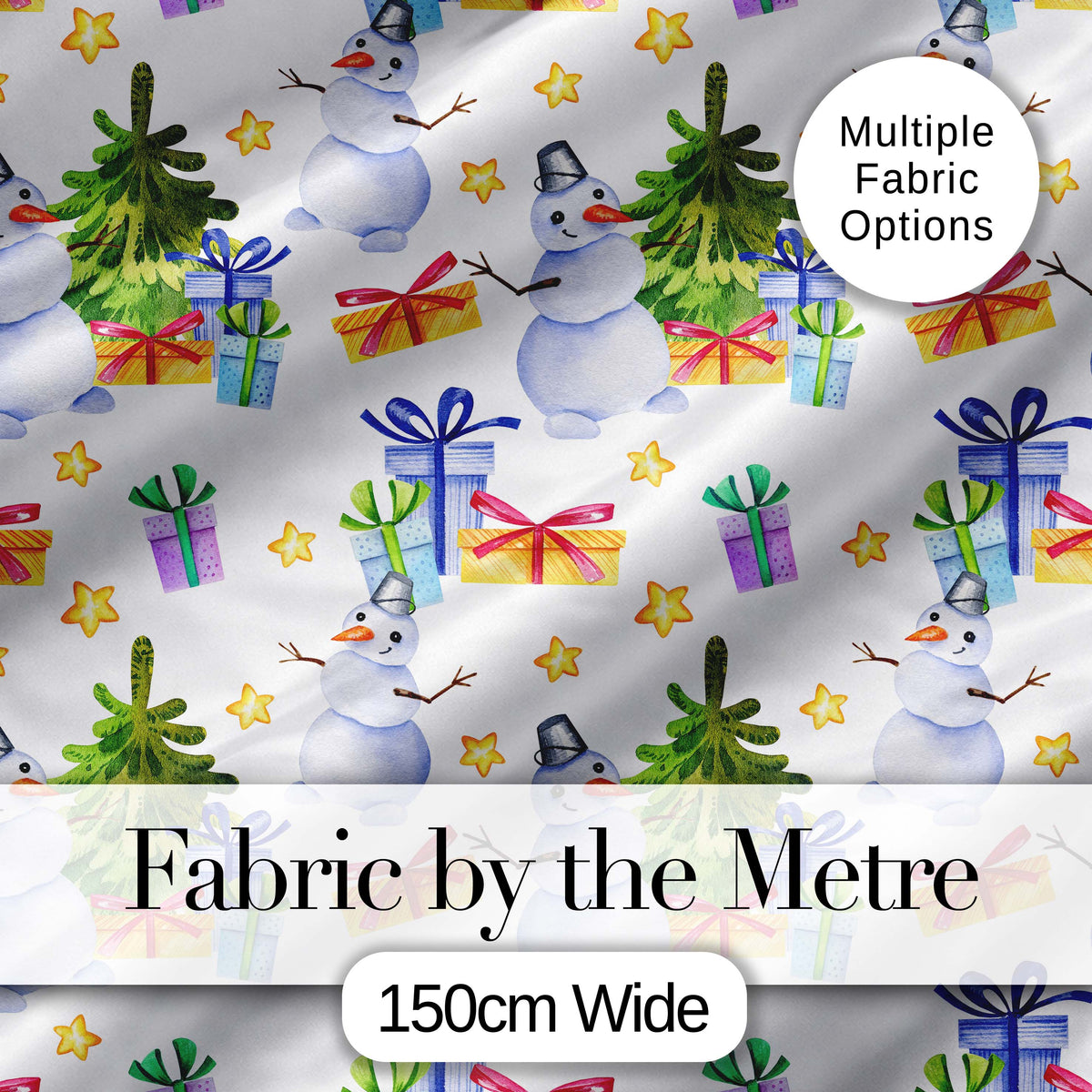 Watercolor Snowman Christmas Tree Gift Box Star Seamless Pattern Digital Print Fabric by the Metre UK Sewing Quilting Textile