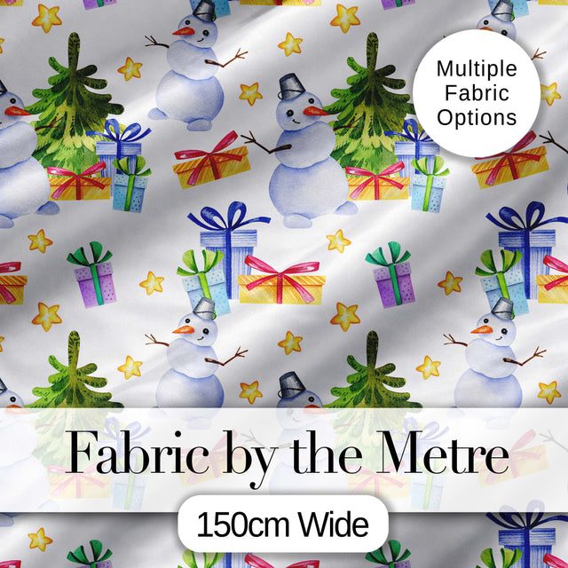 Watercolor Snowman Christmas Tree Gift Box Star Seamless Pattern Digital Print Fabric by the Metre UK Sewing Quilting Textile