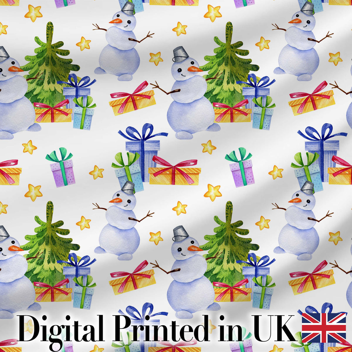 Watercolor Snowman Christmas Tree Gift Box Star Seamless Pattern Digital Print Fabric by the Metre UK Sewing Quilting Textile