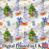 Watercolor Snowman Christmas Tree Gift Box Star Seamless Pattern Digital Print Fabric by the Metre UK Sewing Quilting Textile