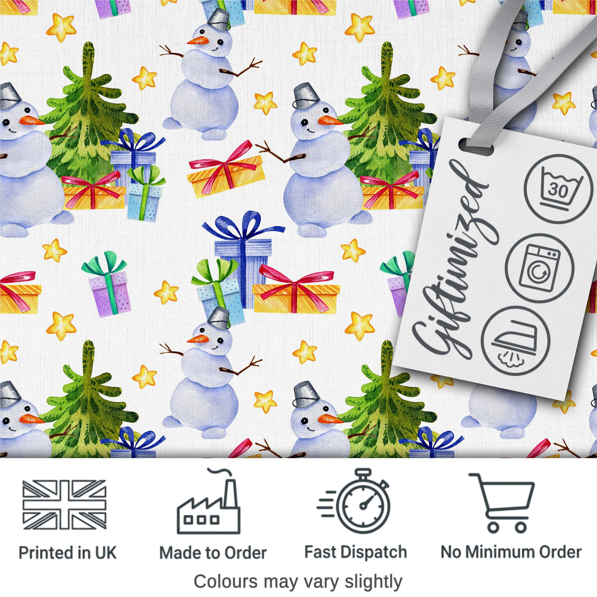 Watercolor Snowman Christmas Tree Gift Box Star Seamless Pattern Digital Print Fabric by the Metre UK Sewing Quilting Textile